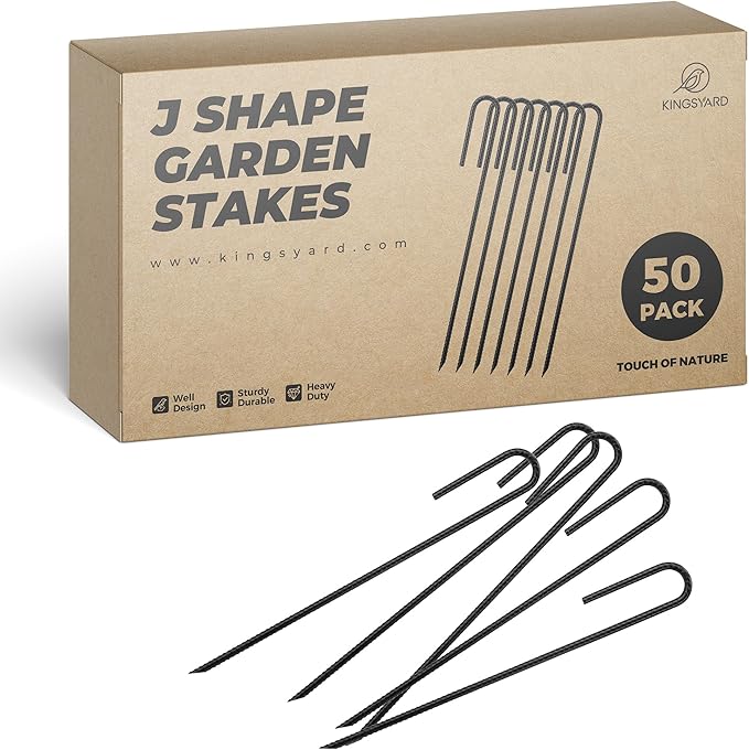 Kingsyard 50 Pack Tent Stakes Heavy Duty, 12 Inch 1/4 Inch Diameter J Shape Hook Rebar Stakes, Galvanized Steel Ground Anchors Metal Spikes for Yard, Hoses Landscape, Chain Link Fence, Black