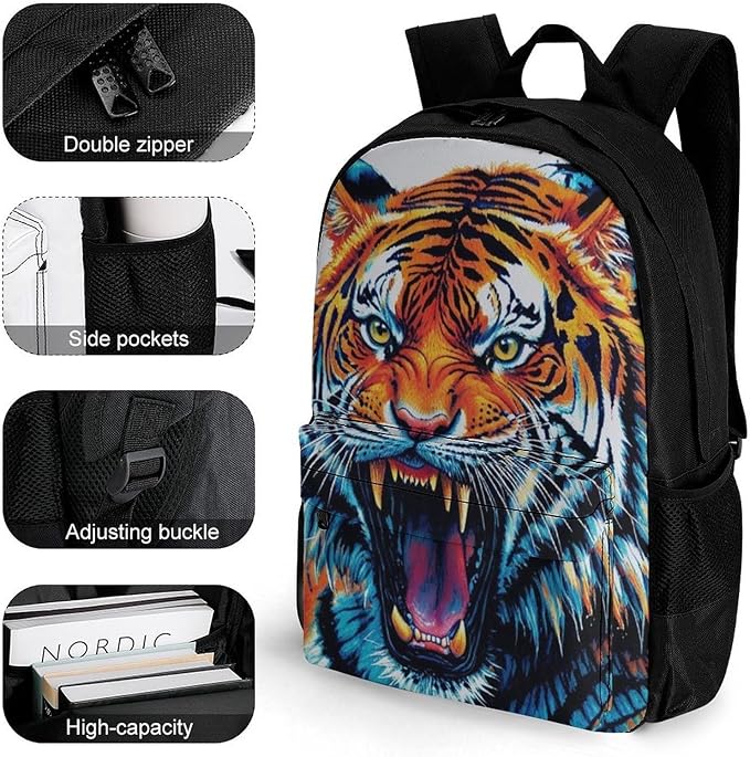 Supdreamc Men Women Lightweight Blue Fierce Wild Tiger Animal King Art Daypack Bookbag Big Capacity Carry On Bag With Side Pockets for Camping Travel Bicycle