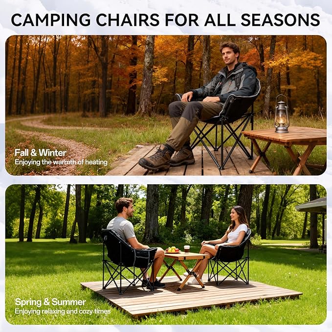 Oversized Heated Camping Chairs, Camp Chair for Adults with Back and Seat Heating, Portable Folding Chair with Pillow & Carry Bag for Outdoor Sports, Support 500lbs, Battery NOT Included
