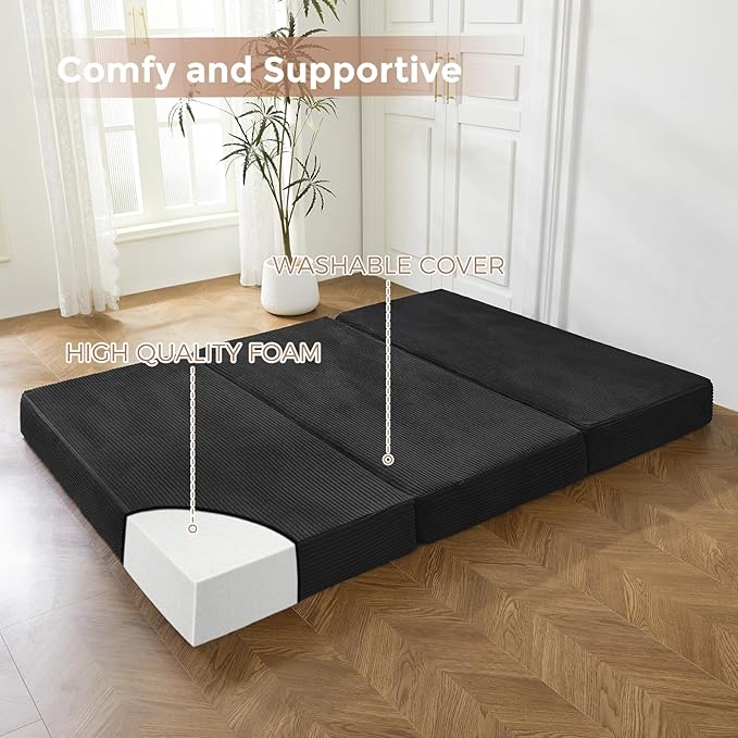 BYBYME Tri-Folding Corduroy Mattress, 6 Inch Gel Folding Mattress Topper, Foldable Soft Guest Bed Camping Pad, Washable Cover (Black, Twin)