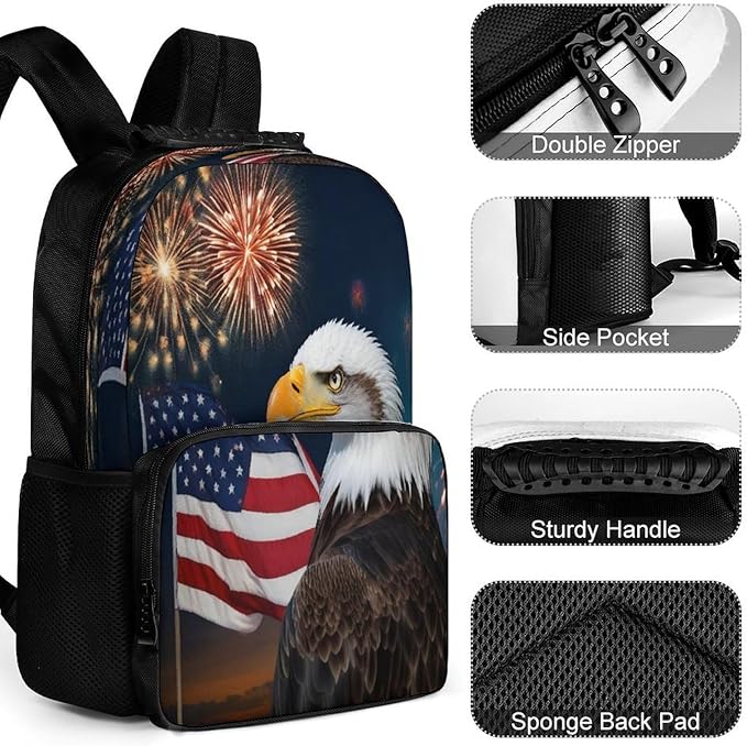 Daypack Bookbag Anti-Theft Multipurpose Large Capacity Bookbag, Bald Eagle American Flag Fireworks Travel Hiking Camping Rucksack With Adjustable Shoulder Straps