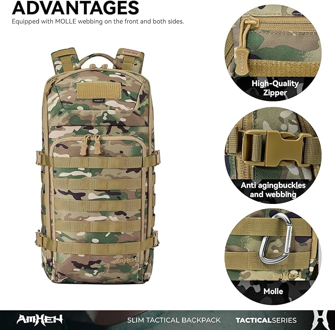 20L Slim Tactical Backpack - Suspended 13" Laptop Compartment, Rugged MOLLE Daypack for Everyday Carry, Work, Travel (Camo)