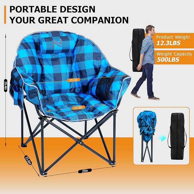 LILYPELLE Oversized Heated Camping Chair, Patio Lounge Chairs with 3 Heat Levels, Portable Folding Heated Chair Round Moon Saucer Folding Lawn Chair Outdoor Chair for Camping, Lounge Patio