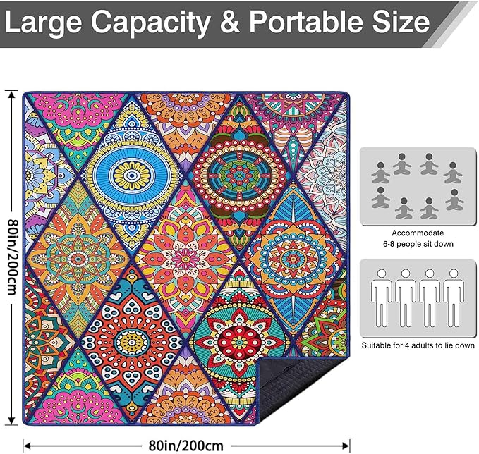 Waterproof Picnic Blankets Foldable & Portable 80''x80'' Boho Picnic Mat for Outdoors, Large Washable Picnic Blanket for Travel Camping Beach, Park Grass Picnic Blanket Accessories for Adults