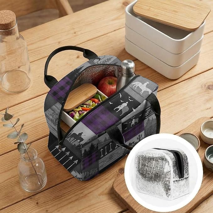 Western Retro Denim Insulated Lunch Bag Bear Deer Bird Nature Landscape Cactus Thermal Tote Portable Size (03)