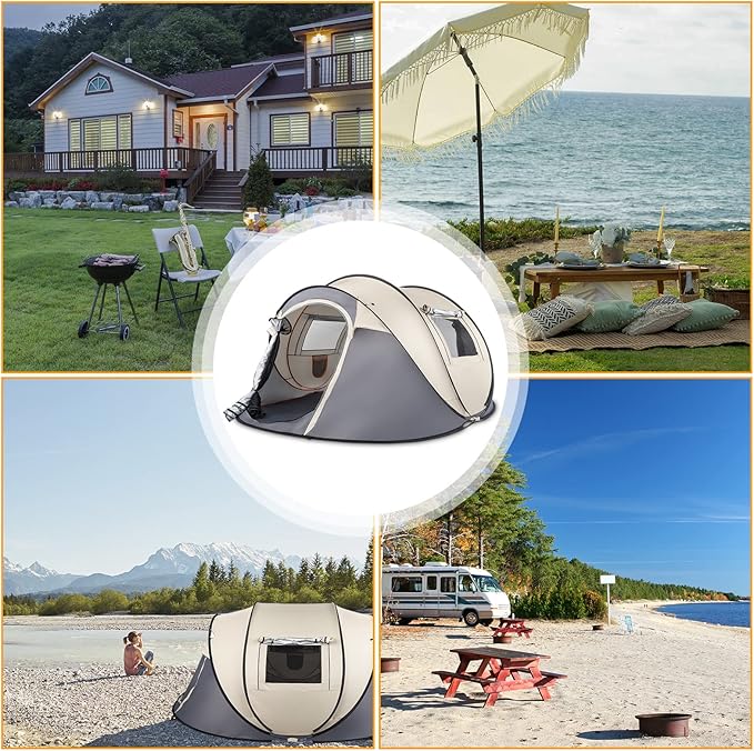 4-Person Pop Up Camping Tent, Waterproof & Windproof, Instant Setup with Windows & Ventilation, Beige and Gray, Lightweight Portable for Family Camping, Hiking, and Backpacking