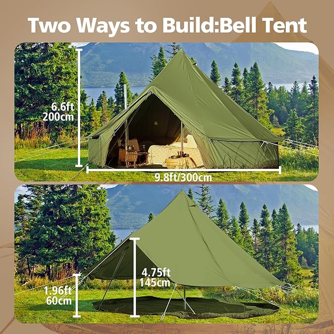 Cotton Canvas Bell Tent, Waterproof Large Tents with Sturdy Center & Door Pole and Space for 4/6/8 Person All 4 Season Camping Yurt Tent