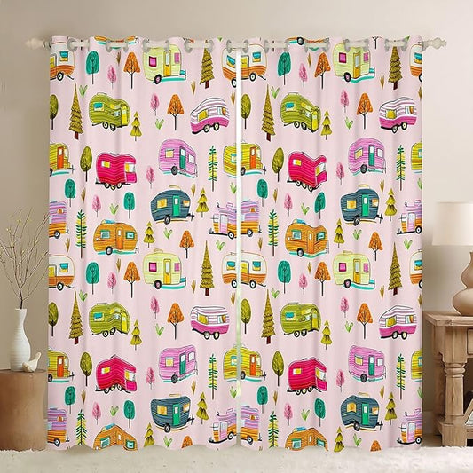 Feelyou Pink Camper Camping Curtains for Bedroom Living Room RV Travel Trailer Blackout Darkening Drapes Camping Theme Window Treatments, 2 Panels 38 x 54 Inch Room Decor