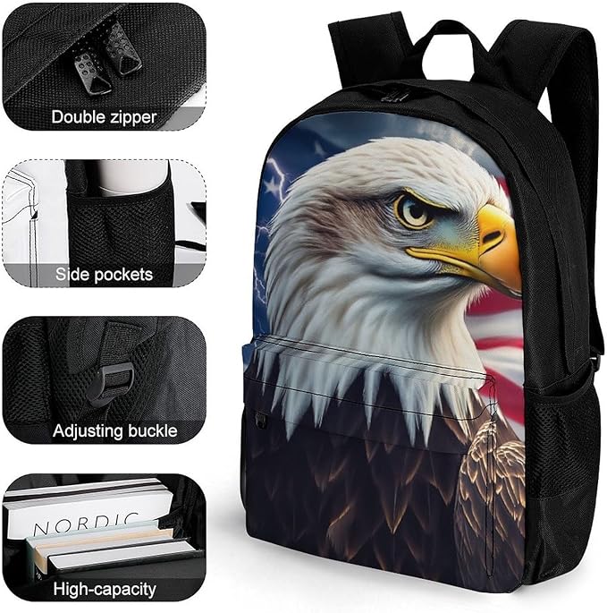 Supdreamc Lightweight Rucksack for Sports Travel Running, Big Capacity Multipurpose Anti-Theft Bookbag, Bald Eagle American Flag Travel and Sport Backpack Rucksack