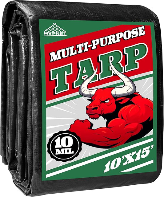 Tarp 10x15 ft Heavy Duty 100% Waterproof 10mil,UV Resistant,Durable Grommets and Reinforced Edges Green/Black Tarp for Camping, Swimming Pools,Car Coverage -by MVPNET
