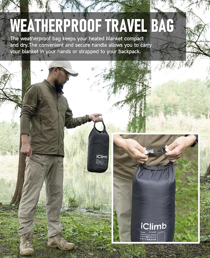 iClimb Heated Camping Blanket with Hood and Battery Pack (Blue)