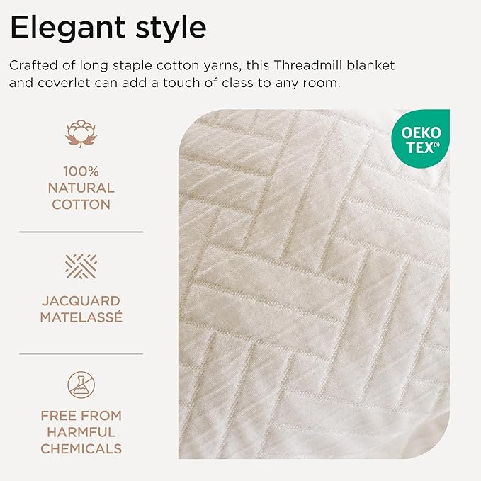 Threadmill Luxury Cotton Blankets for Twin Size Bed | All-Season 100% Cotton Twin Blanket for Bed | Criss Cross Jacquard Lightweight, Soft & Cozy Coverlet, 350GSM, 68 x 90 inches | White
