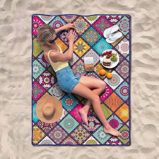 Waterproof Picnic Blankets Foldable & Portable 60''x80'' Boho Picnic Mat for Outdoors, Large Washable Picnic Blanket for Travel Camping Beach, Park Grass Picnic Blanket Accessories for Adults