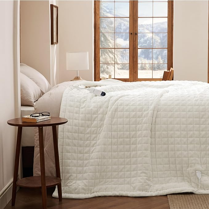 Bedsure Electric Blanket Twin - Quilted Heated Blanket Twin Size, Soft Flannel Thick Heating Blanket with 10 Time Settings & 6 Heat Settings, Warm Gifts for Women Men (62x84 inches, Ivory)