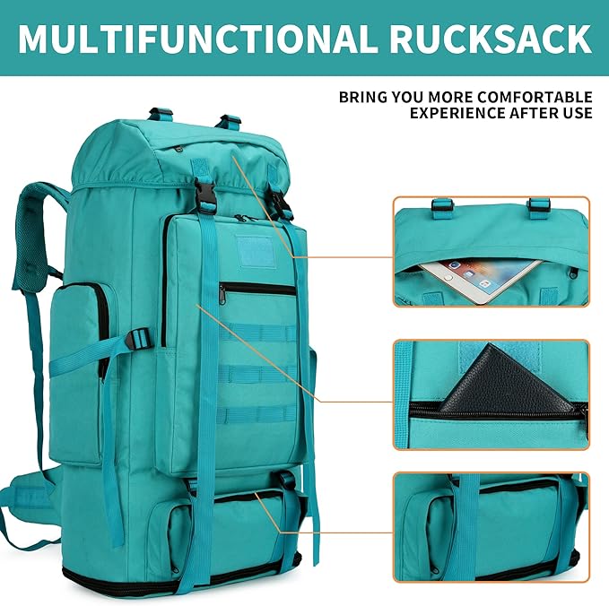 100L Hiking Camping Backpack MOLLE Rucksack Waterproof Daypack (LakeBlue)
