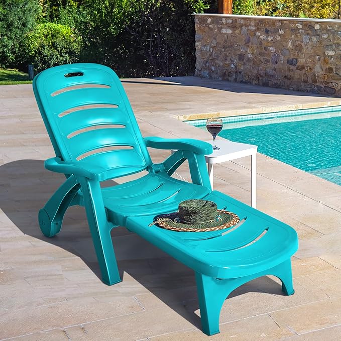 Tangkula Outdoor Chaise Lounge Chair, Adjustable 5-Position Recliner Chair with Built-in Wheels, Weather-Resistance Folding Lounge for Patio, Backyard, Poolside and Beach (2, Turquoise)