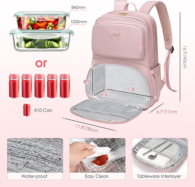 Lunch Backpack for Women Men, 16 Inch Laptop Backpack with Lunch Compartment, Water Resistant Lunchbox Back Pack Meal Prep Cooler Bags Insulated for Nurse Work Teacher Travel