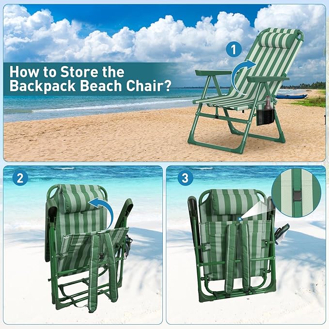 Suteck Backpack Beach Chairs for Adults 2 Pack, 6-Position Folding Reclining Chair with Cooler Bag & Cup Holder, Lightweight Portable Beach Chair for Camping, Outdoor, Sand, Travel Use