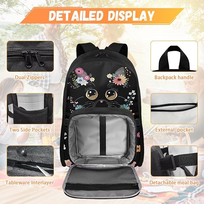 HUGS IDEA Floral Cat Backpack for Girls Cute Bookbag for Kids School Backpack for Girls with Lunch Box Lightweight School Bag for Elementary Students Hiking Rucksack