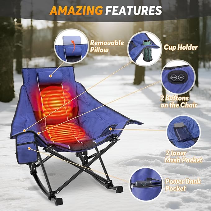 Suteck Heated Rocking Camping Chair - Oversized Heated Camping Chair W/20000mAh Power Bank & Carry Bag, Fully Padded Heated Chairs for Outdoor Sports W/3 Heat Levels for Back & Seat, Lawn Picnic Patio