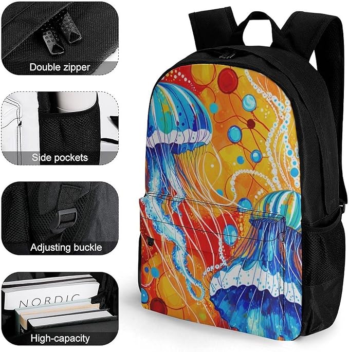 Supdreamc Backpack Multipurpose Anti-Theft Large Capacity Bookbag, Watercolor Ocean Sea Jellyfish Art Travel Hiking Daypack With Side Pockets