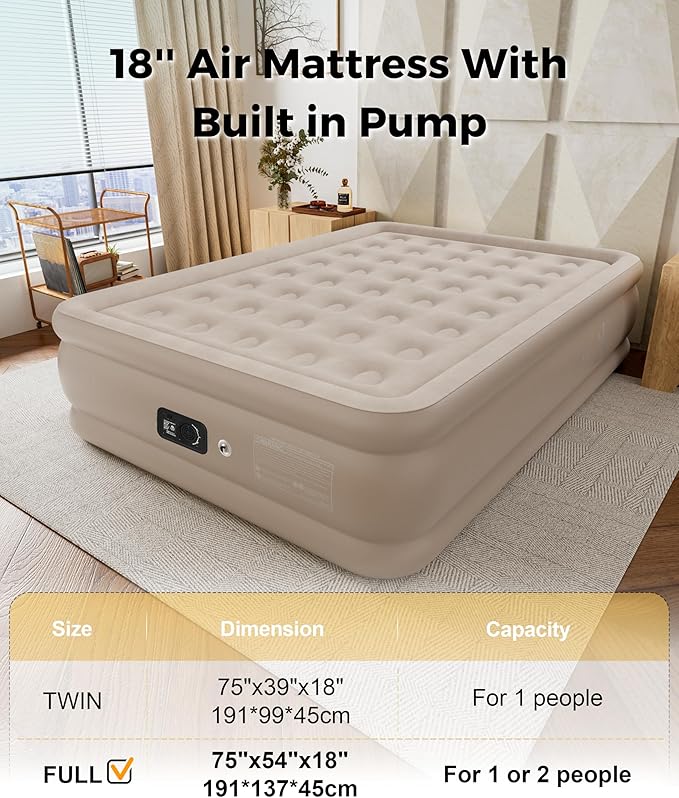 Full Air Mattress with Built in Pump, Single Blpw up Air Bed with Portable Storage Bag, Suitable for Home and Guests, Top Flocking, 18" Full Khaki
