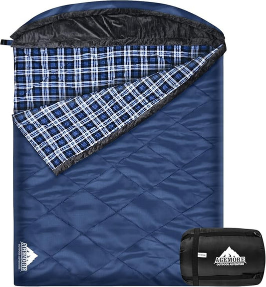 AGEMORE Cotton Flannel Double Sleeping Bag with Fleece Lined Hood, Waterproof Queen Size 2 Person Sleeping Bag for Adults Cold Weather Camping Backpacking or Hiking, 3-4season