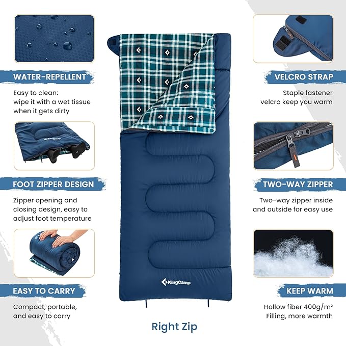 KingCamp Sleeping Bag for Adults, Cold Weather & Warm XL Big and Tall Flannel Sleeping Bags with Compression Sack Portable Waterproof Essentials Gear Accessories for Outdoor Camping