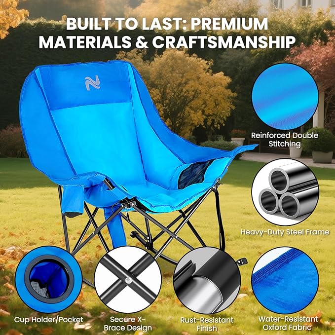 Begonia.K Oversized Heated Rocking Camping Chair - 400lbs Capacity Padded Camping Recliner w/ 3 Levels Back Seat Heat - Folding Lawn Chair with Side Pockets for Camp Patio Backyard