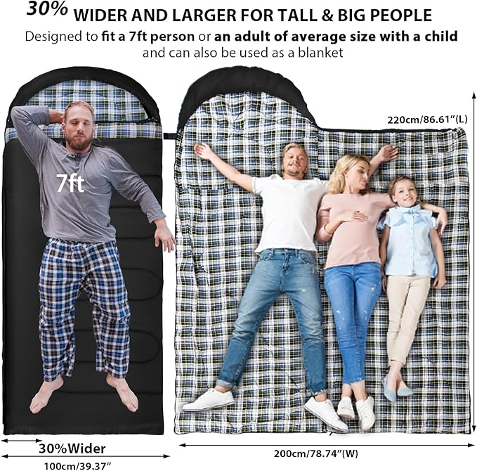 GEERTOP Flannel Sleeping Bags for Adults Big & Tall People Portable Cold Weather Envelope XXL All Seasons Camping Sleeping Bag