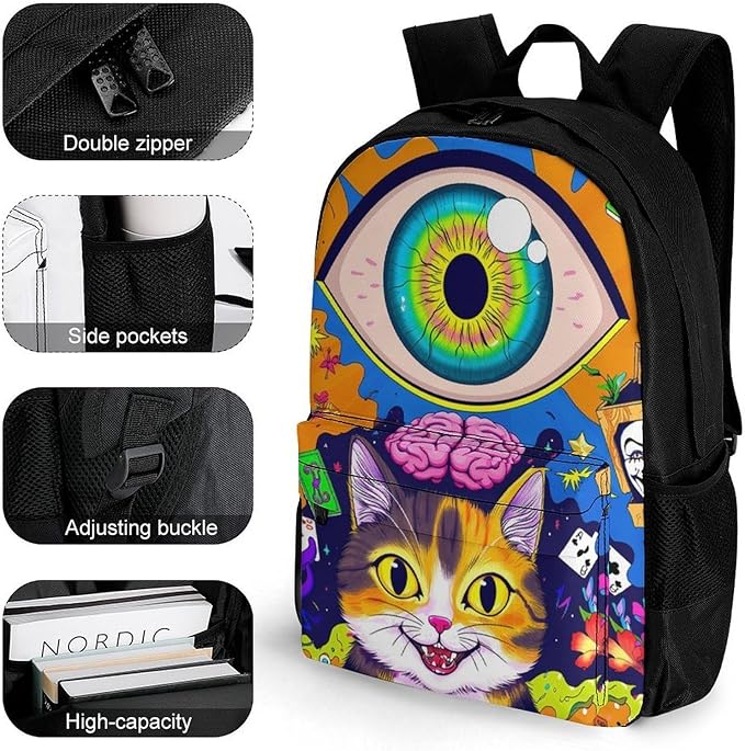 Supdreamc Rucksacks Lightweight Multipurpose Anti-Theft Acid Trip Colors Trippy Cat Eye Octopus Art Shoulder Bag Big Capacity Laptop Book Bag Rucksack With Padded Straps