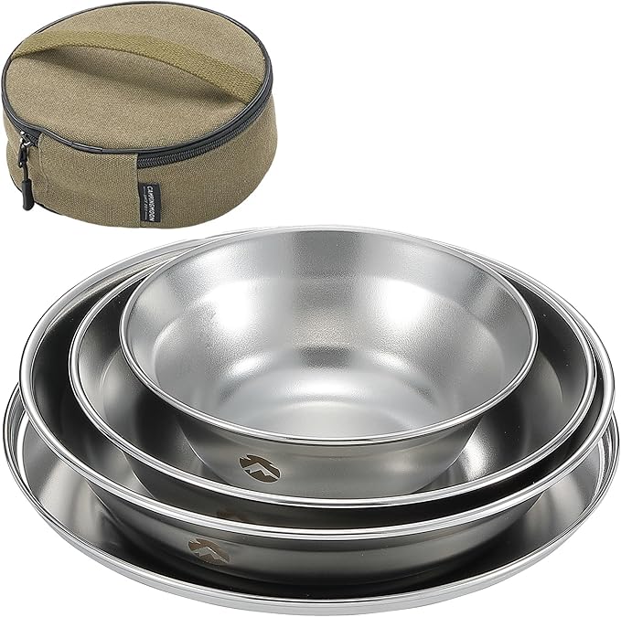 CAMPINGMOON Camping Mess Kit 4 Pack Tableware with Plates Bowls Dishes Stainless Steel Dishwasher Safe Kitchenware S395-1S
