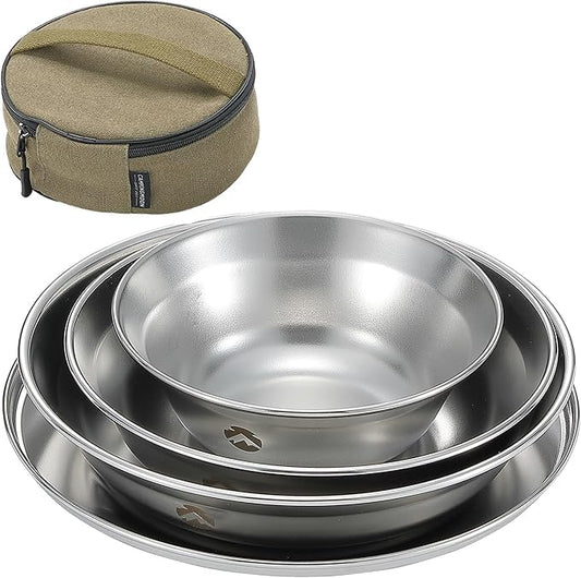 CAMPINGMOON Camping Mess Kit 4 Pack Tableware with Plates Bowls Dishes Stainless Steel Dishwasher Safe Kitchenware S395-1S