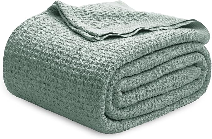 Bedsure Gentlesoft 100% Cotton Blanket Queen Size for Bed - Breathable and Soft, Waffle Weave Blanket for Summer, Thick Cozy Fall Blankets for Women Gift, Sage Green, 90x90 Inches