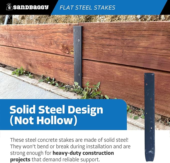 Sandbaggy Flat Steel Stakes for Concrete Forms with Nail Holes - 1.5" Wide - Painted - Removable, Reusable, V Point End - Construction Grade Stakes (10, 12 inch)