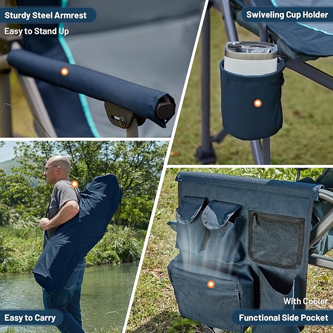 Timber Ridge Oversized Folding Camping Chair with Lumbar Support Adjustable High Back Heavy Duty for Adults Support up to 500lbs with Cup Holder, Cooler Bag, Side Pocket, Blue