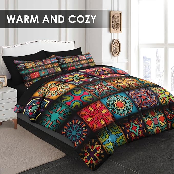 5 Pcs Comforter Set Twin Size, Colorful Mandala Floral Vintage Bedding for Kids and Adults, Bohemian Flower Bed Sheet Sets with Fitted Sheet Pillowcase & Sham for Bedroom Bed Decor