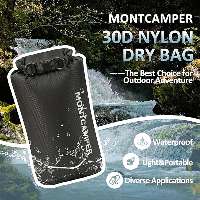 Waterproof Dry Bag 5L – 30D Nylon Roll Top Dry Sack with DWR & PU Coating, Lightweight Water-Resistant Storage for Kayaking, Camping, Hiking, Fishing & Beach (Black)