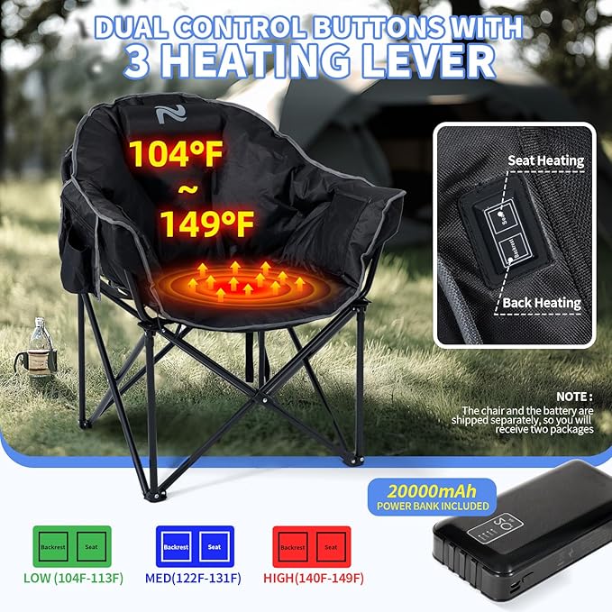 Oversized Heated Camping Chair, 3 Heating Levels Soft Padded Camp Lawn Chair with Pillow and 20000mAh Battery, Portable Heated Folding Chairs Outdoor Sports for Patio and Picnics, Black