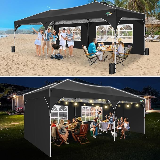 COBIZI 10x20 Pop Up Canopy Tent with 4 Sidewalls, Instant One-Push Setup, Commercial Canopy with Air Vent & Reflective Strip, UPF 50+ Waterproof Party Tent with Sandbags & Stakes for Events (Black)