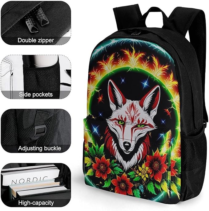 Daypack Anti-Theft Multipurpose Large Capacity Shoulder Bag, Blue Green Red Fire Flame Dragon Fox Kitsune Black Art Travel Hiking Camping Rucksack With Smooth Zippers