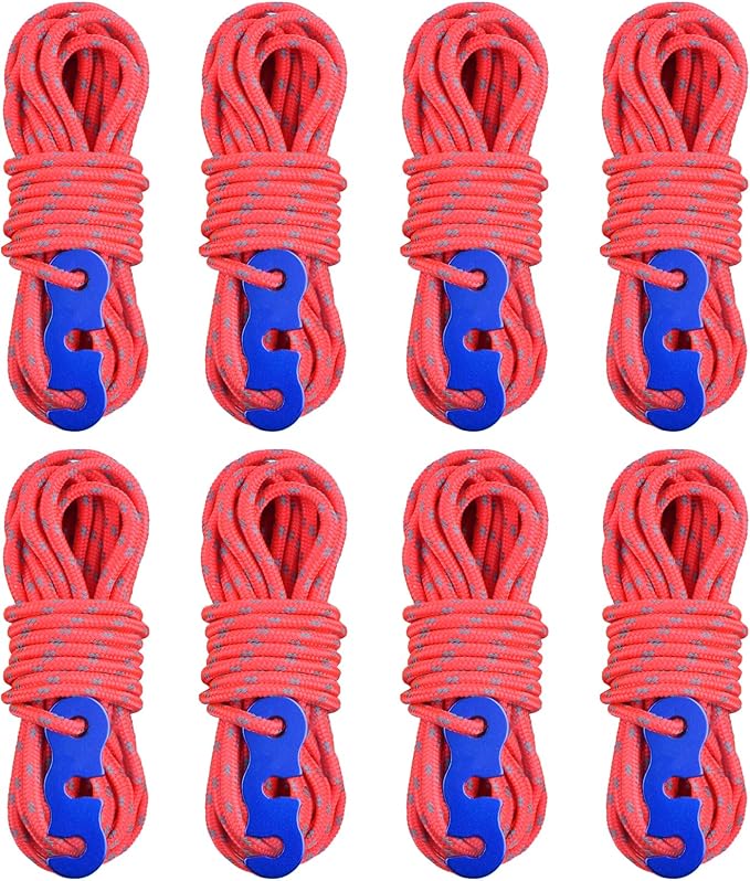 TRIWONDER Reflective Guyline, Tent Cord Nylon Paracord Rope with Guyline Adjuster for Camping Tent, Outdoor Packaging (Red - 8 Pack)