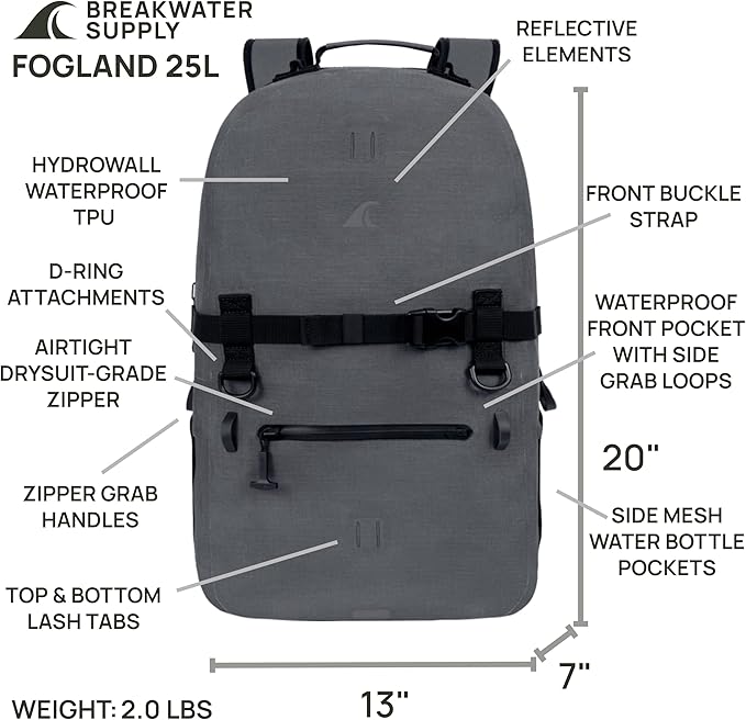 Breakwater Supply™ Fogland Waterproof IP68 Submersible Backpack with Airtight Zippers | Laptop Travel Outdoors | 25L 20L 15L | 100% Waterproof, Submersible, Airtight Zippers, Travel Outdoors