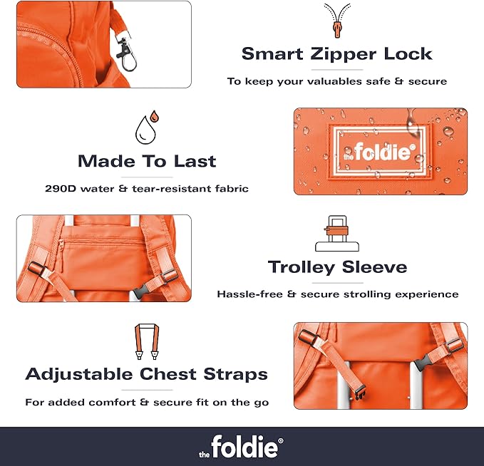 The Foldie Packable Backpack for Travel 32L - Lightweight Foldable Backpacks with Trolly Sleeve & RFID Protection - Water-repellent Casual Daypack Backpacks for Hiking, Camping & Gym - Orange