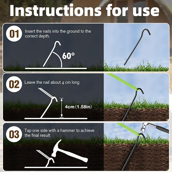 20Pcs Metal Tent Pegs with Hooks. 7 inches Durable Garden Stake Ground Anchors Awning Metal Hooks. Heavy Duty, Waterproof & rustproof. Ideal for Camping, Yard Decor, Picnic & tarp(Black)