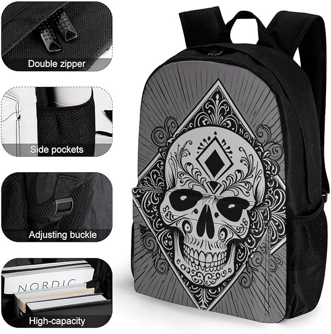 Rucksacks Multipurpose Anti-Theft Big Capacity Bookbag, Ace Of Spades Skull Grey Art Travel Hiking Camping Rucksack With Padded Straps