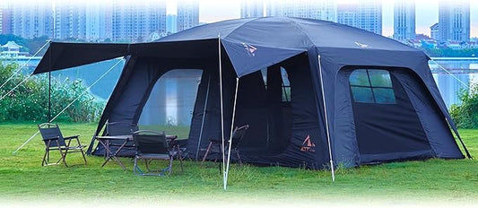 KTT Extra Large Tent 12-14 Person,Family Cabin Tents,2 Rooms,Straight Wall,2 Doors 4 Windows with Mesh,Waterproof,Straight Wall,Big Tent for Outdoor,Picnic,Camping,Gathering(Brown)