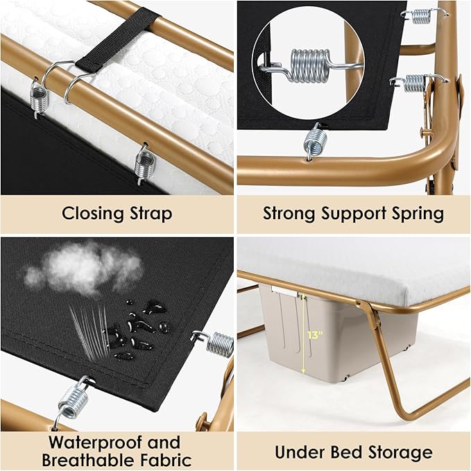 MAMIZO Folding Bed 75" x 31", Rollaway Bed with Mattress for Adults, Metal Frame with Memory Foam Mattress, Guest Bed for Bedroom,Office,Camp,No Assembly Required,Gold