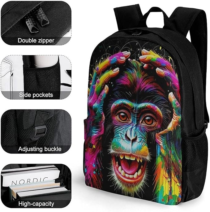 Daypack Backpack Polyester Anti-Theft Multipurpose Clever Animals Monkey Art Bookbag Big Capacity Travel Hiking Camping Rucksack With Smooth Zippers