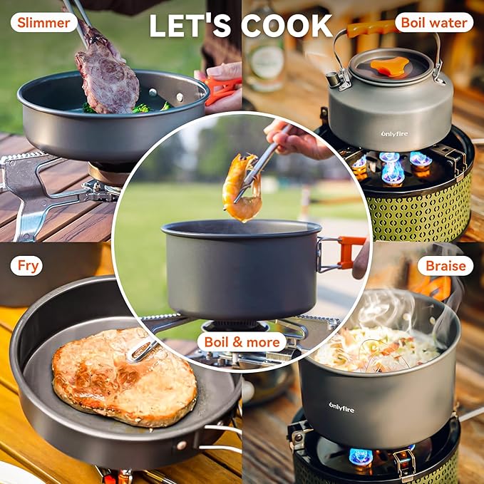 Onlyfire 10pcs Camping Cookware Mess Kit, Non-Stick Lightweight Pot Pan Kettle Set with Plates Forks Knives Spoons for Camping, Backpacking, Outdoor Cooking and Picnic CT603